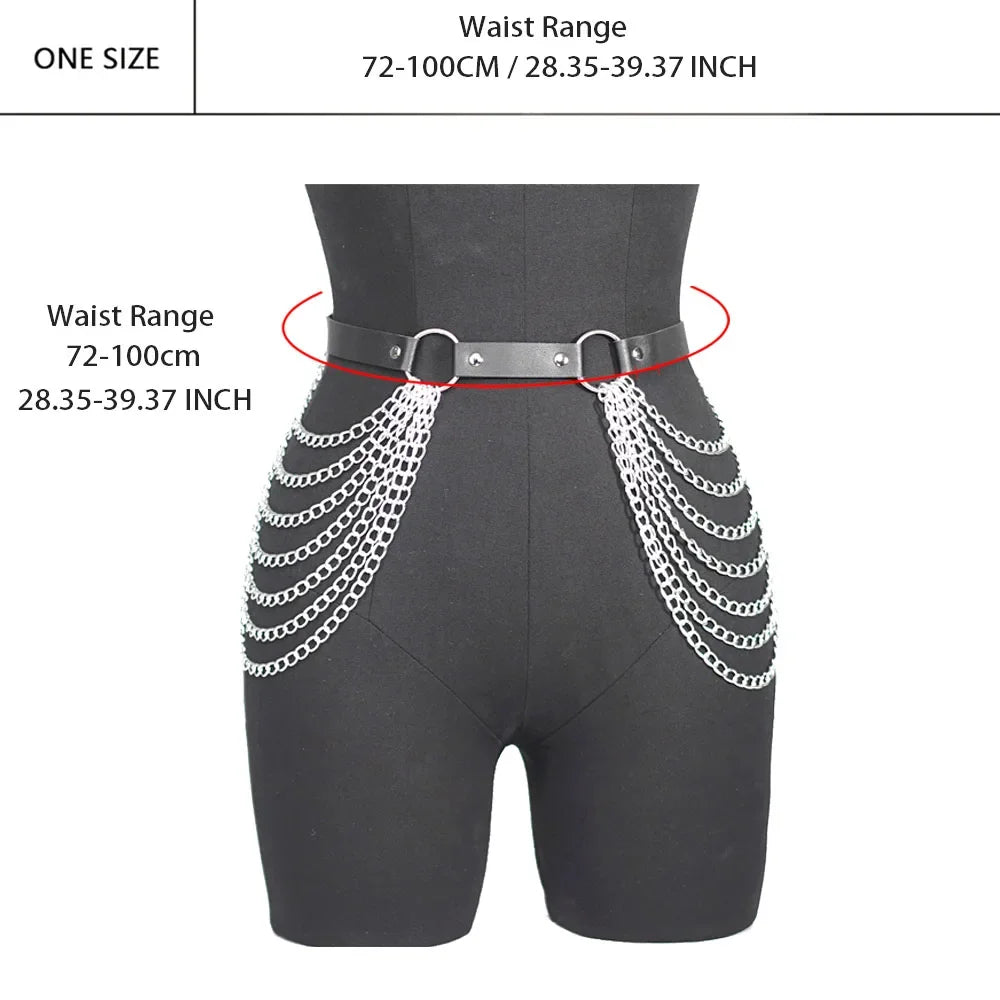 Women Punk Gothic Black PU Leather Studded Leg‑Waist Harness Belt, Adjustable Decor Accessory for Rave Festival Halloween Party
