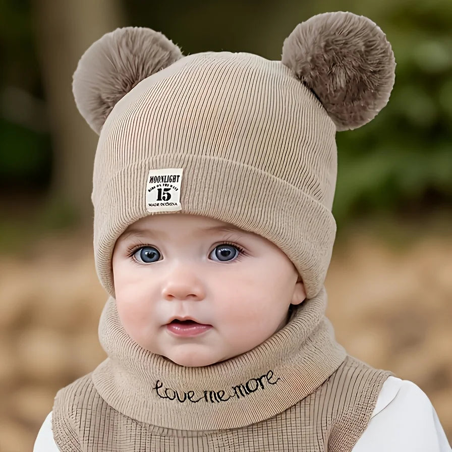 2pcs Winter Baby Hat Scarf Set Toddler Girl Boy Cap Knitted Beanie Fur Ball Cartoon Bear Snow Outfit Infant Accessories