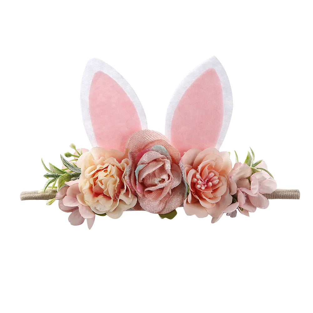 Easter Day Baby Headband Rabbit Ear Newborn Photography Props Boy Girl Nylon Hair Bands Artificial Flower Festival Headwrap