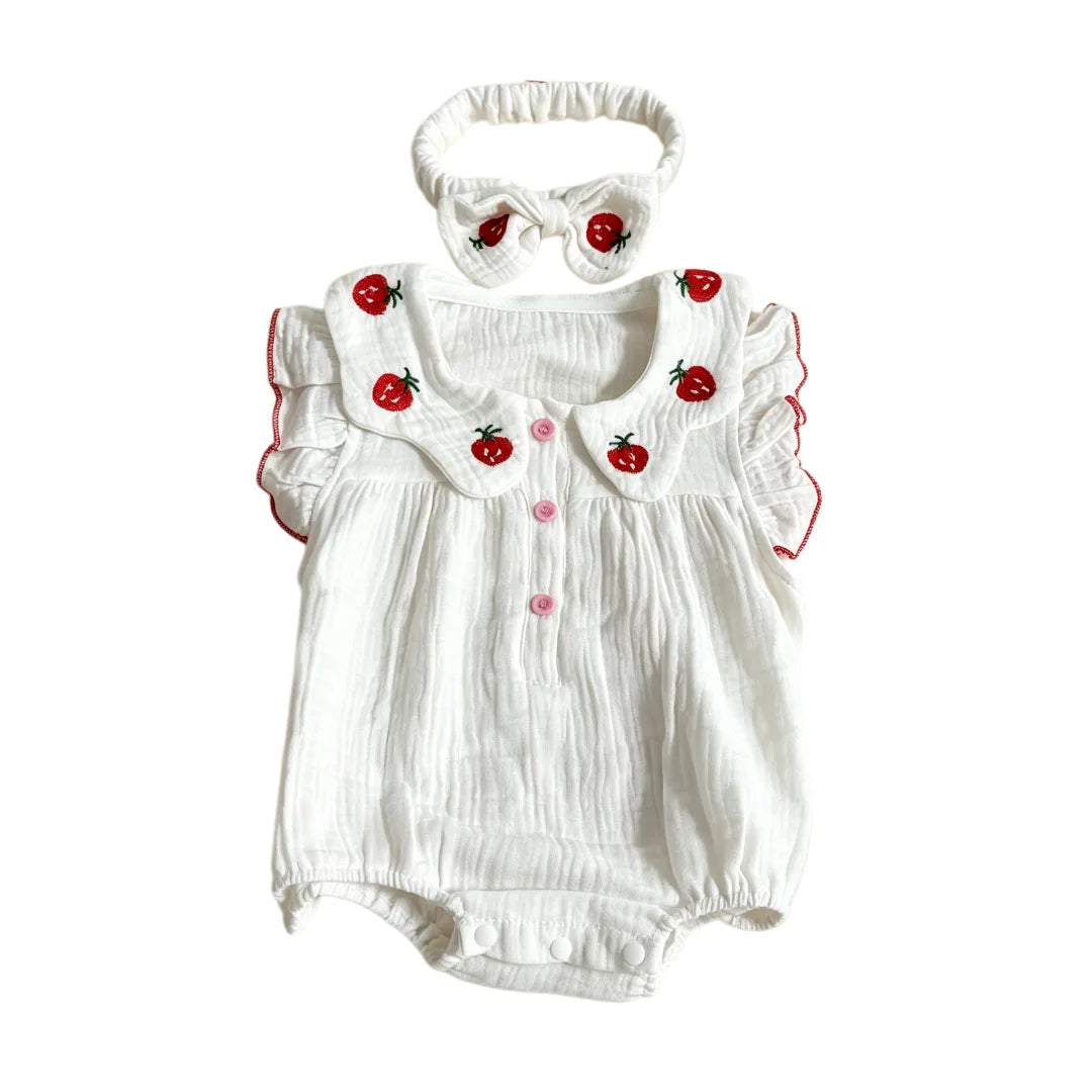 0-2Y 2026 Summer Baby Girls BodySuit Cotton Strawberry Gauze Infant Romper and Headband Cute and Soft Toddler Jumpsuit