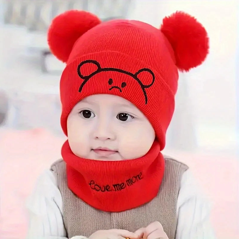 2pcs Winter Baby Hat Scarf Set Toddler Girl Boy Cap Knitted Beanie Fur Ball Cartoon Bear Snow Outfit Infant Accessories