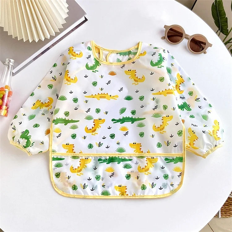 Baby's Soft Bib Kid Cute Cartoon Long Sleeves Adjustable Feeding Cloth For Boys Girls Painting Smock Toddlers Meal Eating Apron