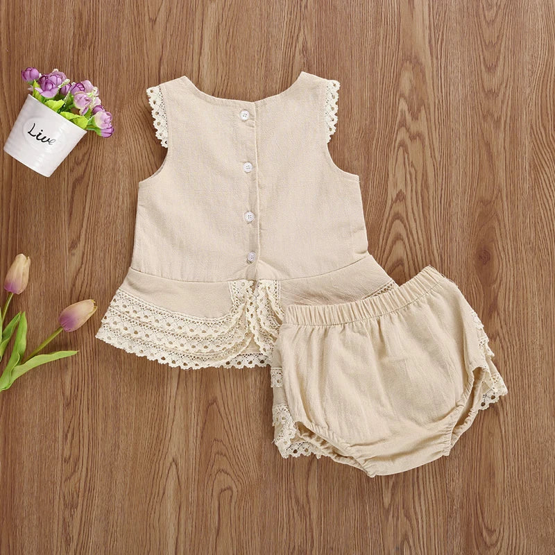 Lioraitiin 0-4Years Toddler Baby Girl Summer Clothing Set Sleeveless Lace Pacthwork Solid Top Shorts 2Pcs Outfit