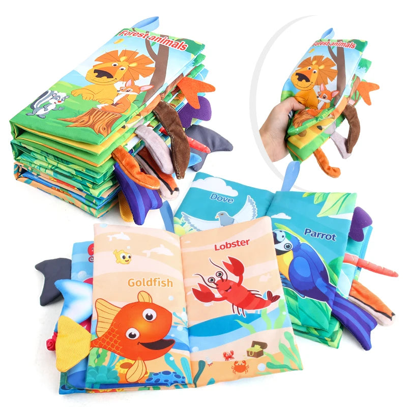 Baby 8 Page Tail Cloth Book Cartoon Animals Touch And Feel Infant Soft Books Development Interactive Early Education Toys