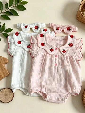 0-2Y 2026 Summer Baby Girls BodySuit Cotton Strawberry Gauze Infant Romper and Headband Cute and Soft Toddler Jumpsuit