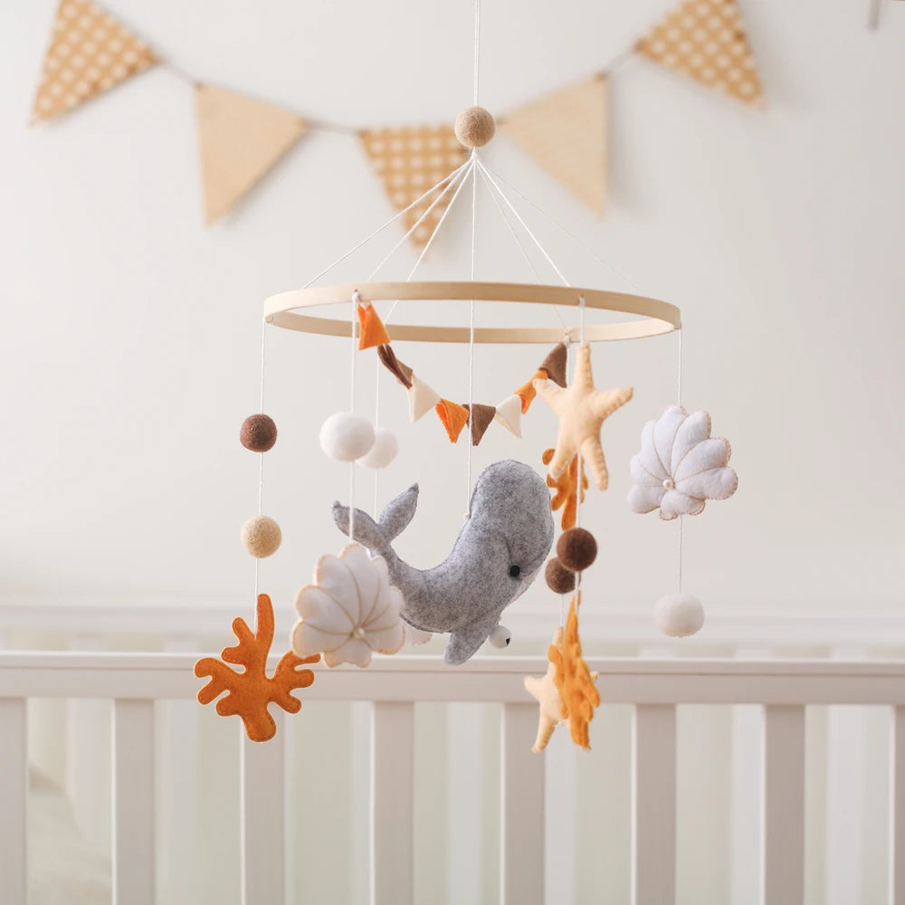 Blue Whale Baby Crib Mobile Newborn First Toy Non Woven Fabric Bamboo Ring Shape Cognition Auditory Development Nursery Decor