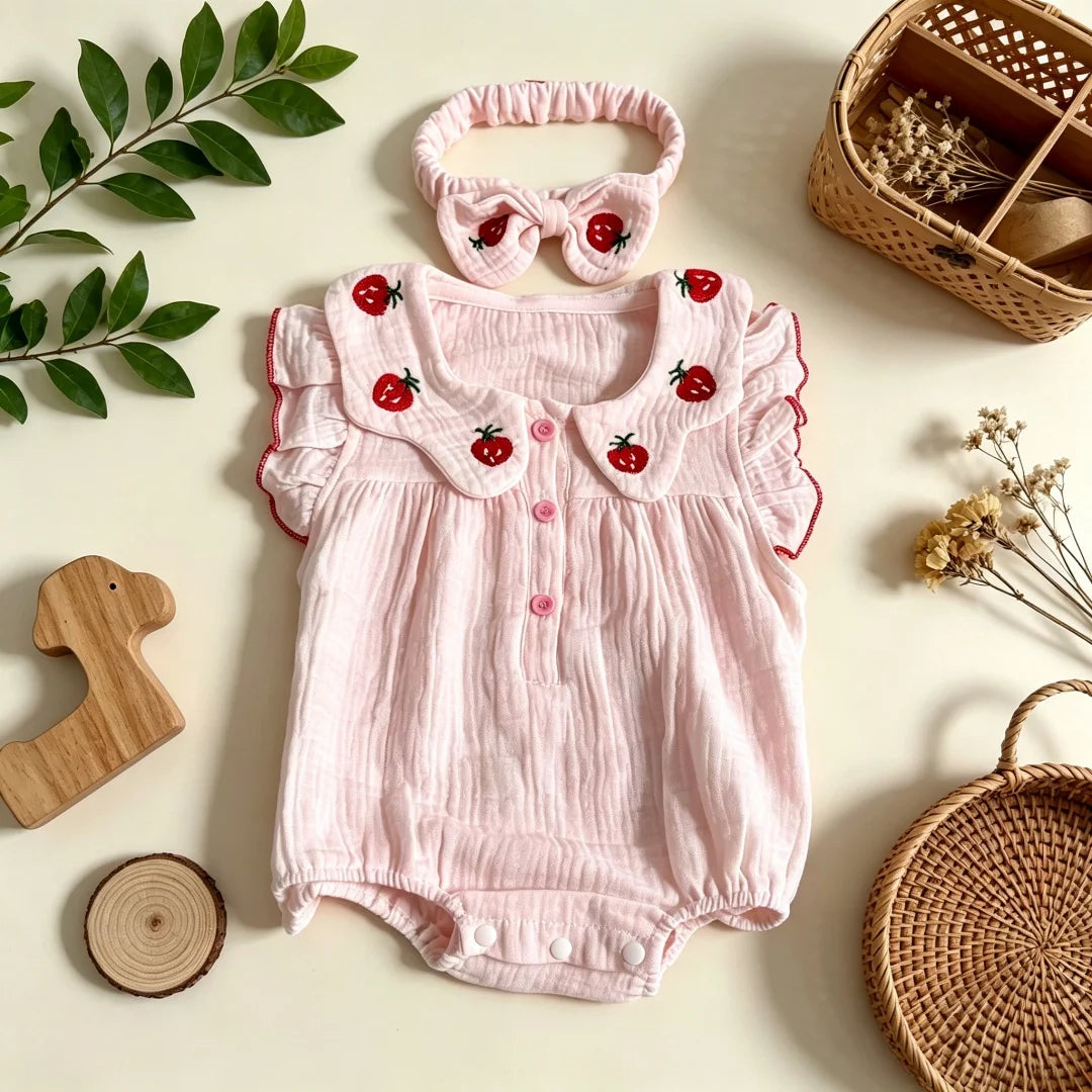 0-2Y 2026 Summer Baby Girls BodySuit Cotton Strawberry Gauze Infant Romper and Headband Cute and Soft Toddler Jumpsuit