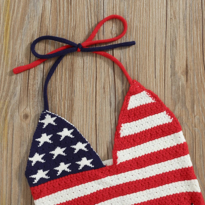 2023-03-29 Lioraitiin 0-6Years Toddler Baby Girl 2Pcs Independence Day Summer Clothing Set Knitting Vest Top Denim Shorts