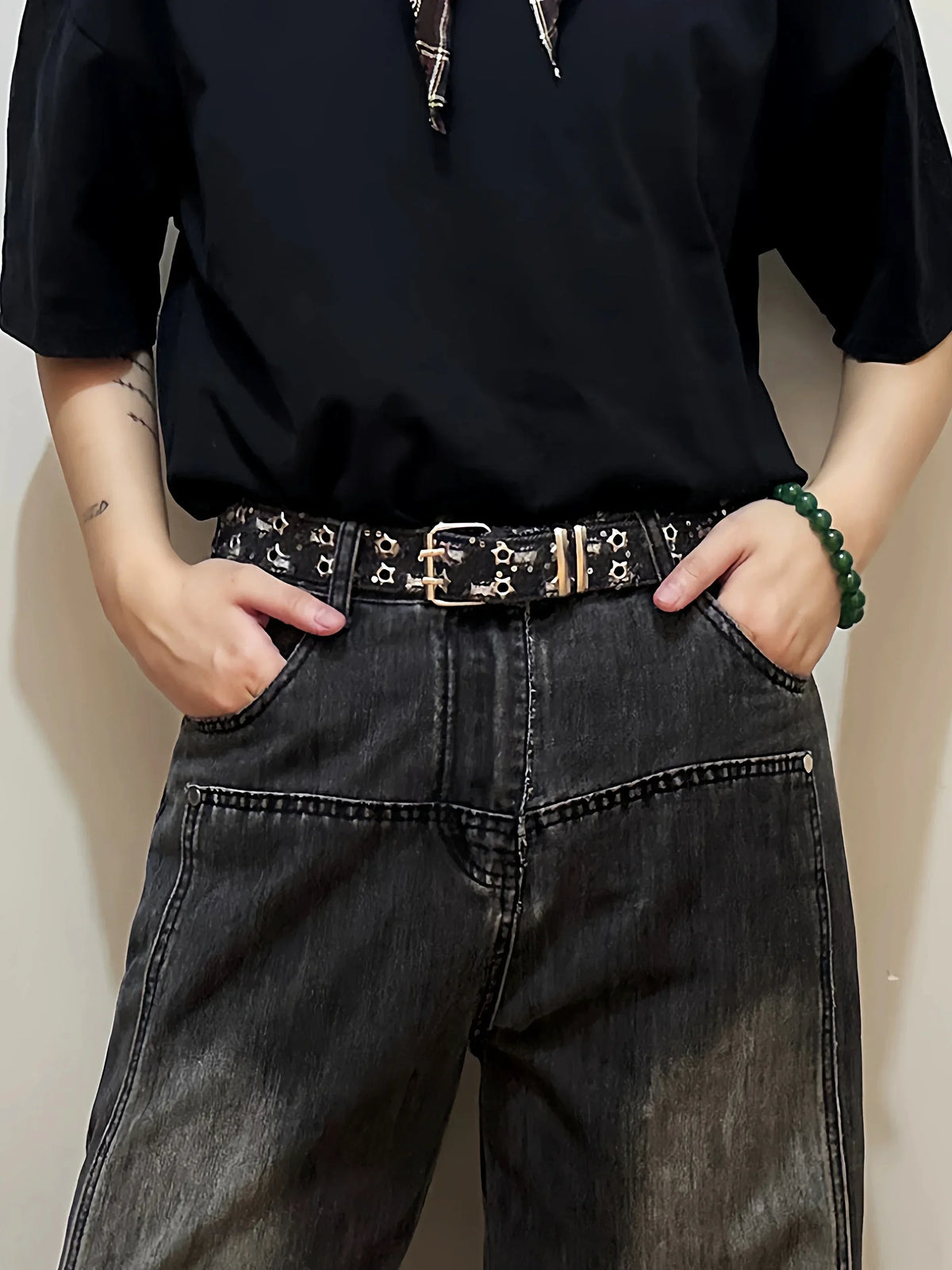 1PC New Fashion Luxury Belt Black Punk Accessories Blue Denim Girdle HipHop Y2k Star Hollowed Pin Buckle Waistband，For Men Women