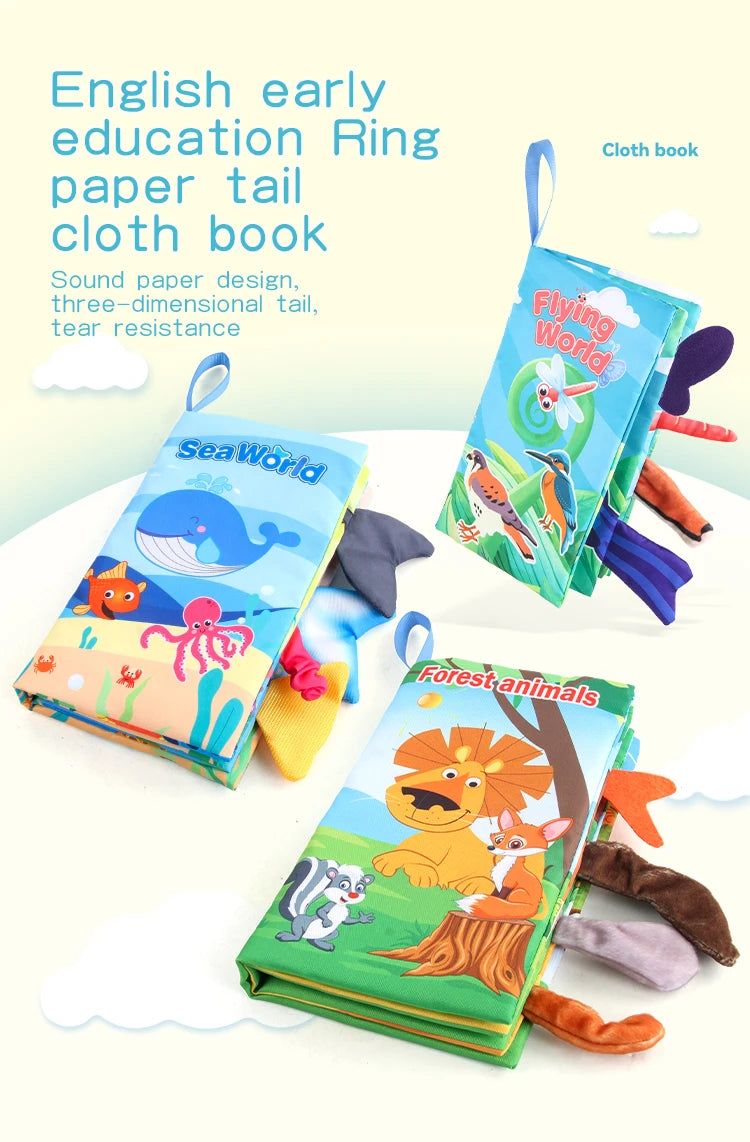 Baby 8 Page Tail Cloth Book Cartoon Animals Touch And Feel Infant Soft Books Development Interactive Early Education Toys