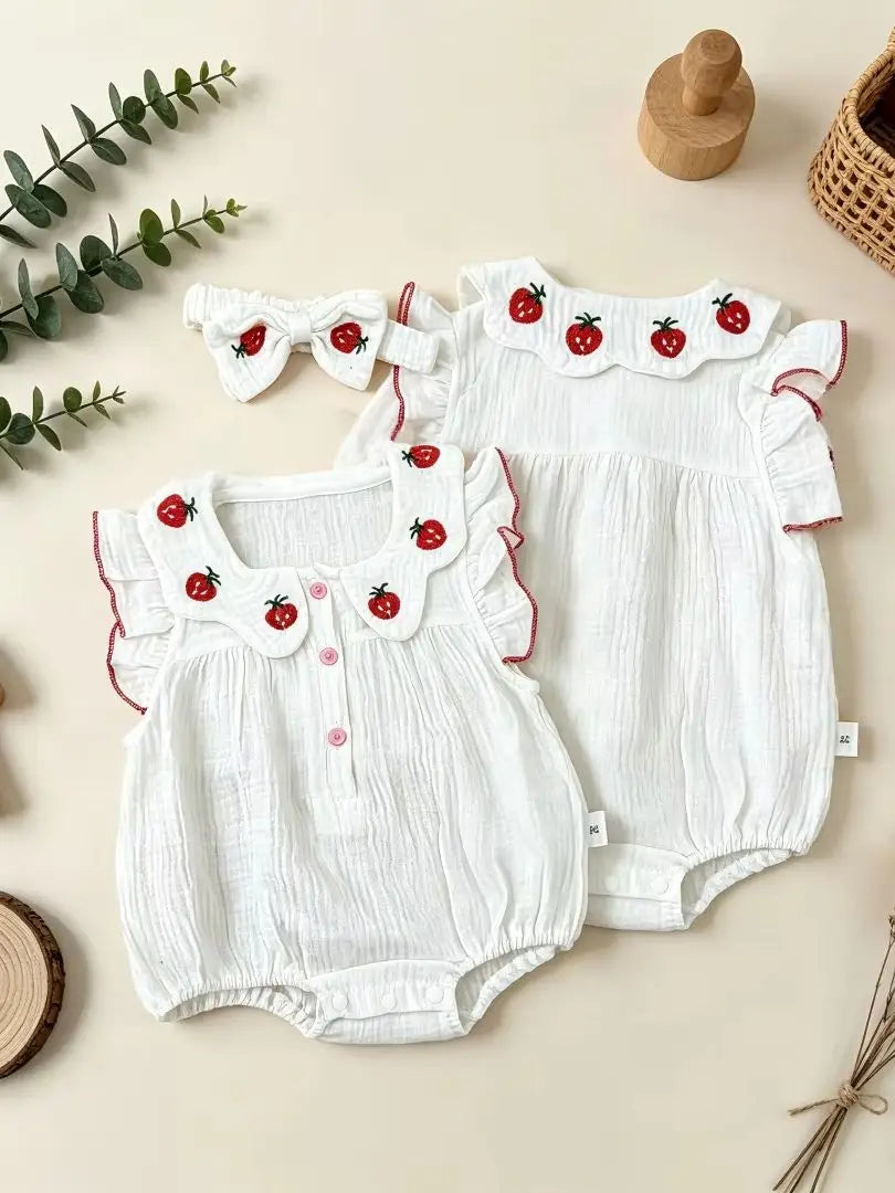 0-2Y 2026 Summer Baby Girls BodySuit Cotton Strawberry Gauze Infant Romper and Headband Cute and Soft Toddler Jumpsuit