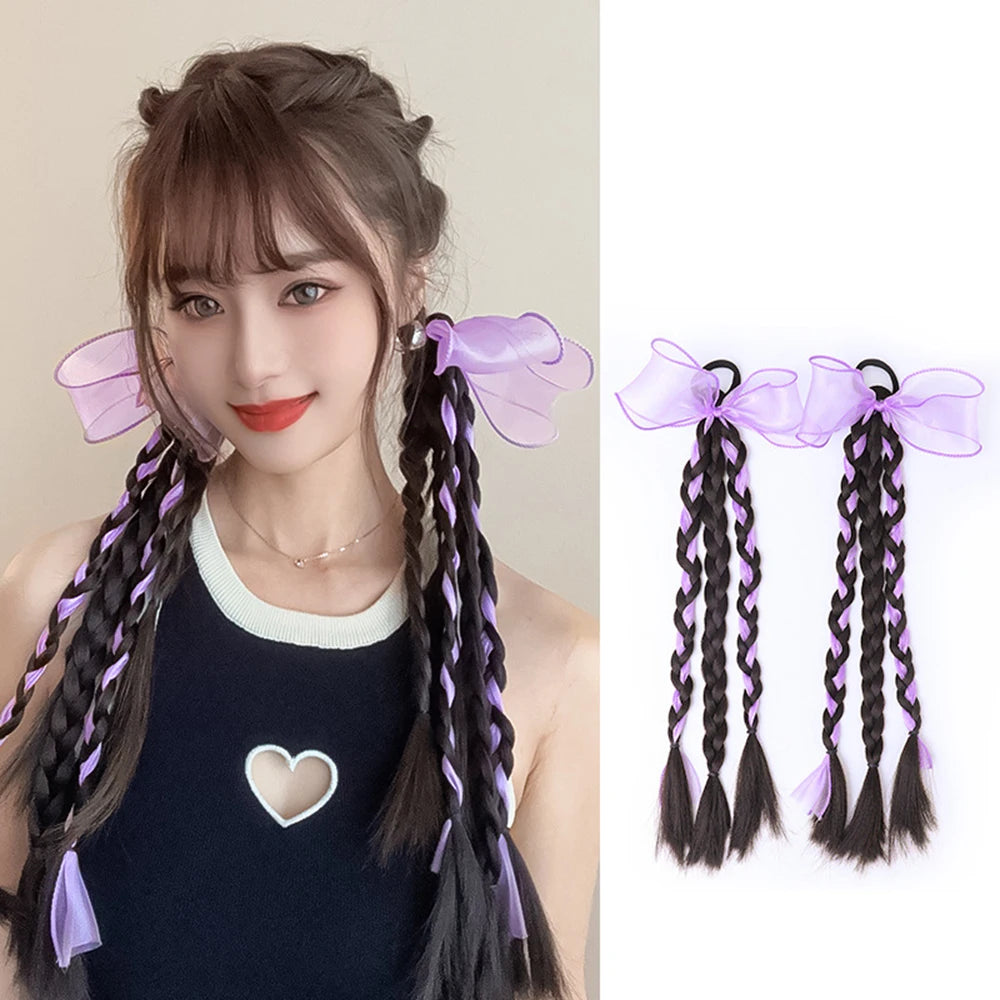 1PC Colorful Bow Wig Braids Hair Rings Ponytail Sweet Cool Twist Long Braids Hair Tie For Girls Women