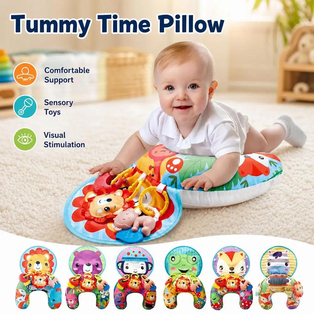 Baby Tummy Time Pillow with Rattle Toys, Multifunctional Crawling Mat Play Gym for Infants, Colorful Cartoon Animals Support Cus
