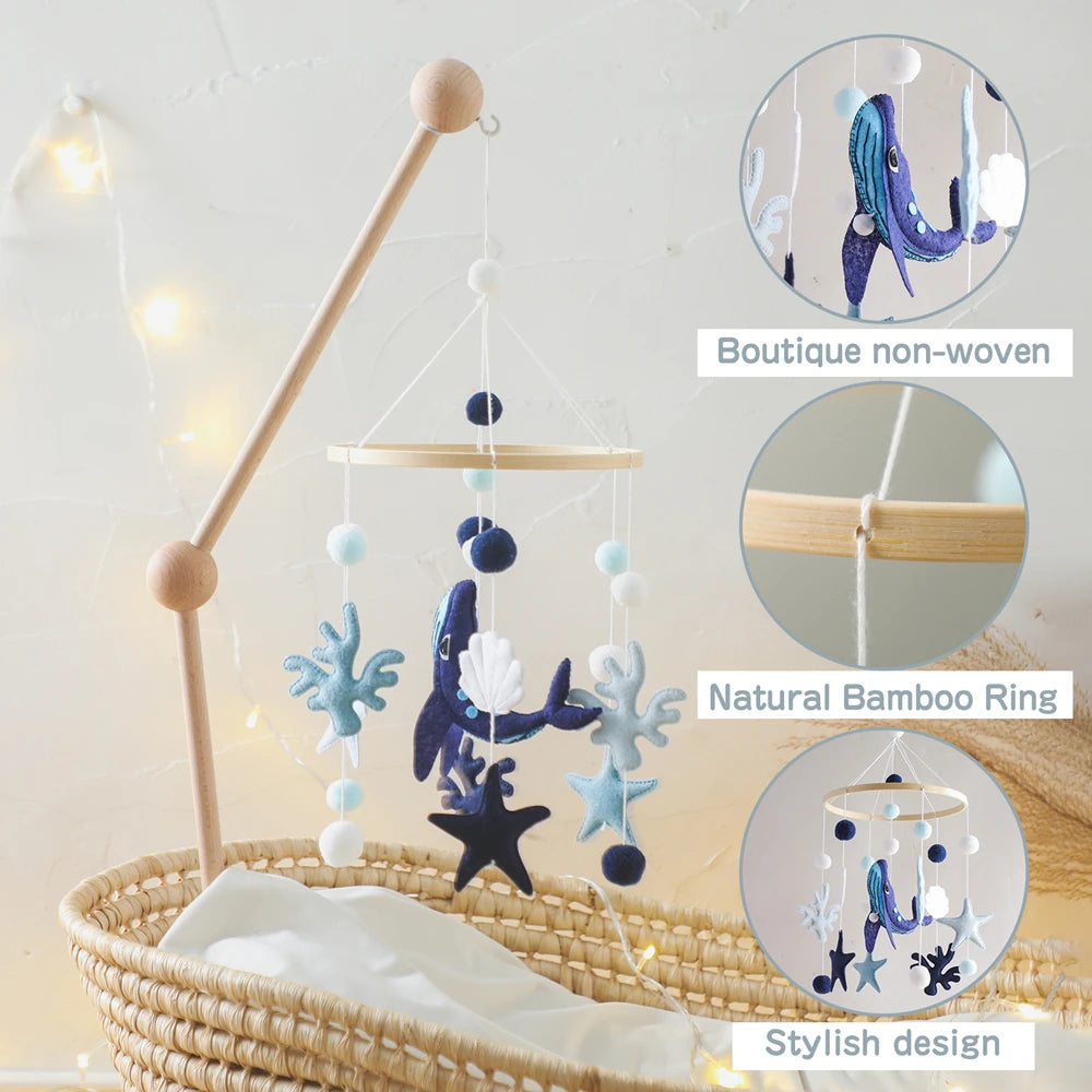 Blue Whale Baby Crib Mobile Newborn First Toy Non Woven Fabric Bamboo Ring Shape Cognition Auditory Development Nursery Decor