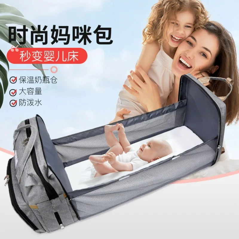 Fashionable Folding Baby Crib Mother and Baby Bag Large Capacity Hand-held Bottle Diaper Backpack Mother and Mommy Bag