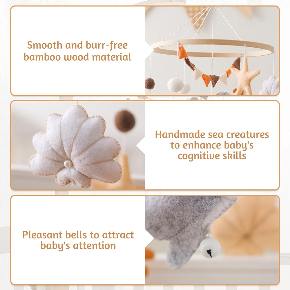 Blue Whale Baby Crib Mobile Newborn First Toy Non Woven Fabric Bamboo Ring Shape Cognition Auditory Development Nursery Decor