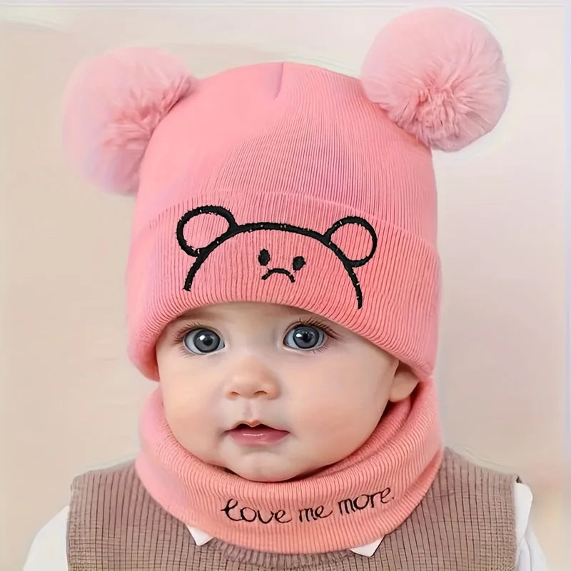 2pcs Winter Baby Hat Scarf Set Toddler Girl Boy Cap Knitted Beanie Fur Ball Cartoon Bear Snow Outfit Infant Accessories