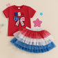 2025-03-08 Lioraitiin Toddler Girl 4th of July Outfit Letter Bow Embroidery O-Neck Short Sleeve Romper and Mesh Skirt 2Pcs Set