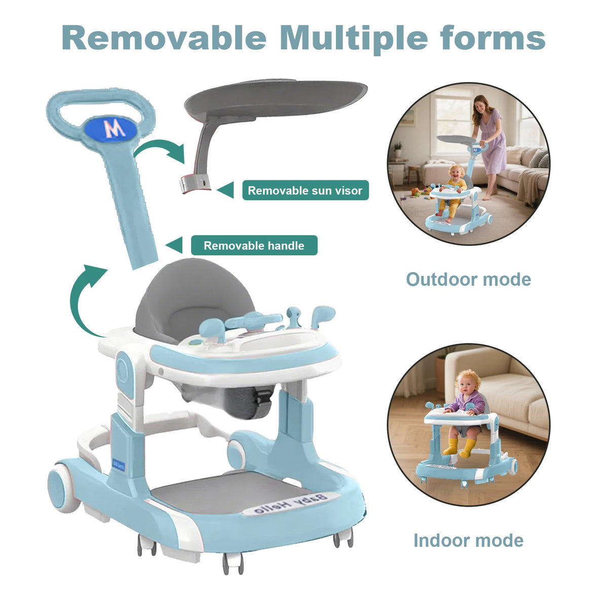 4 in 1 Baby Walker Toddler Baby Push Walker with Sunshade, Removable Feeding Tray and Music Tray Foldable Walker