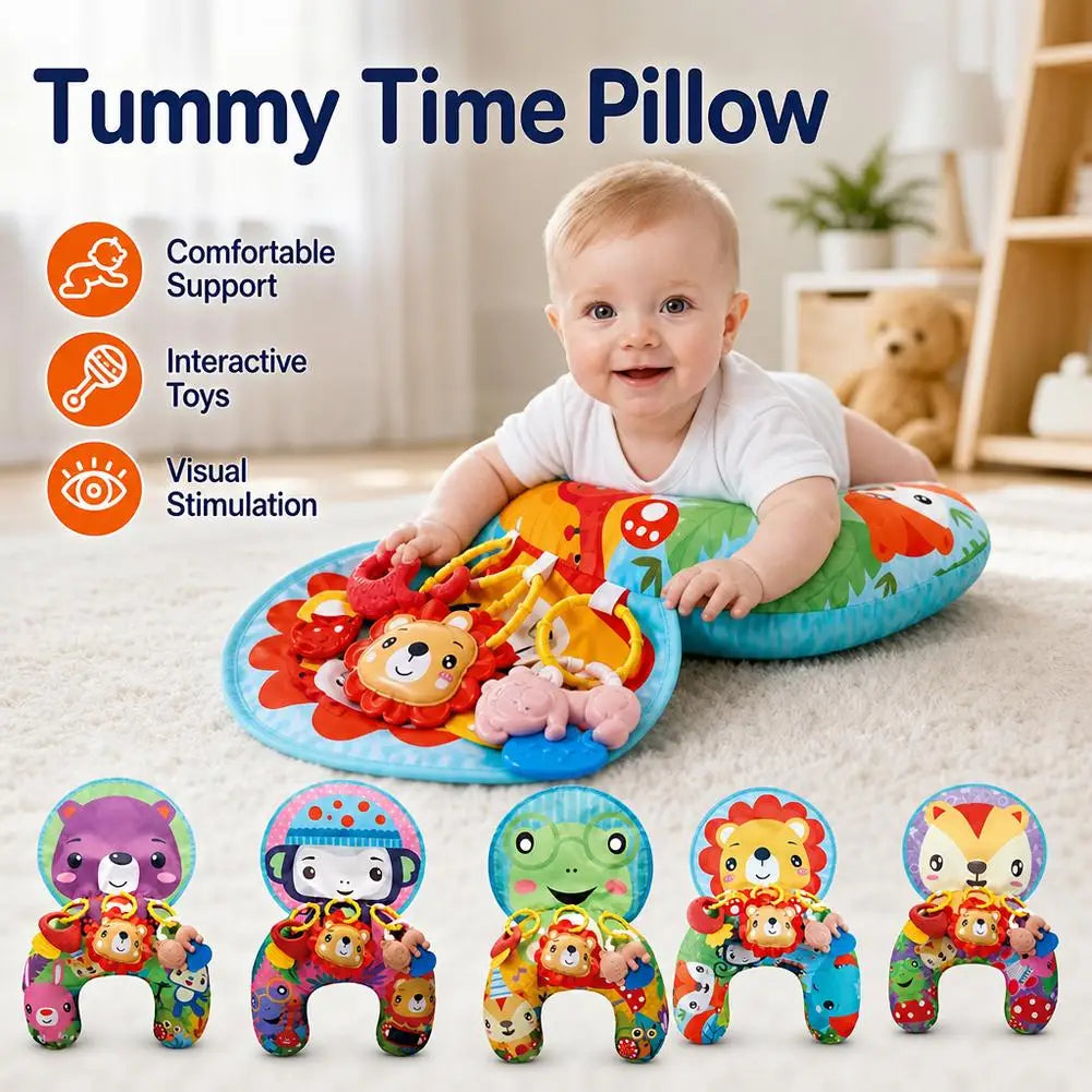 Baby Tummy Time Pillow with Rattle Toys, Multifunctional Crawling Mat Play Gym for Infants, Colorful Cartoon Animals Support Cus