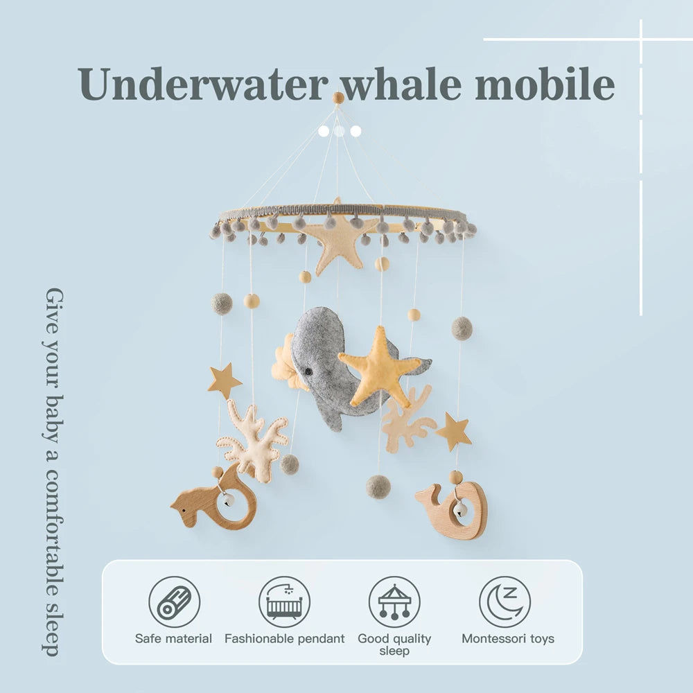 Blue Whale Baby Crib Mobile Newborn First Toy Non Woven Fabric Bamboo Ring Shape Cognition Auditory Development Nursery Decor