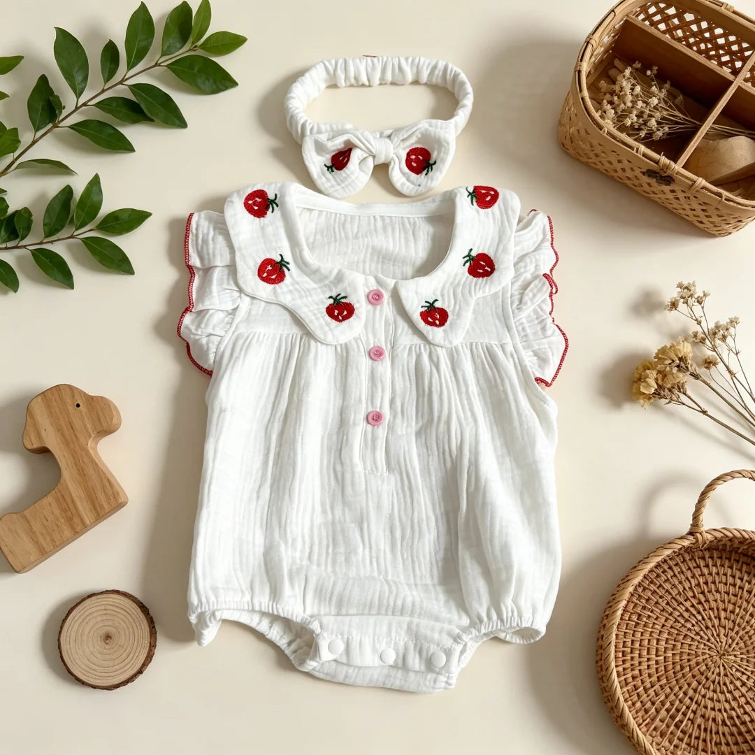 0-2Y 2026 Summer Baby Girls BodySuit Cotton Strawberry Gauze Infant Romper and Headband Cute and Soft Toddler Jumpsuit