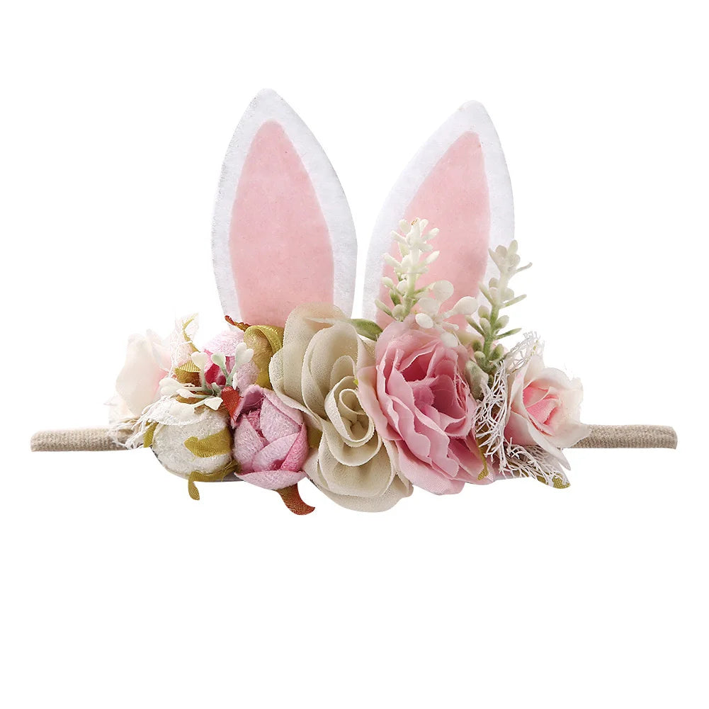 Easter Day Baby Headband Rabbit Ear Newborn Photography Props Boy Girl Nylon Hair Bands Artificial Flower Festival Headwrap