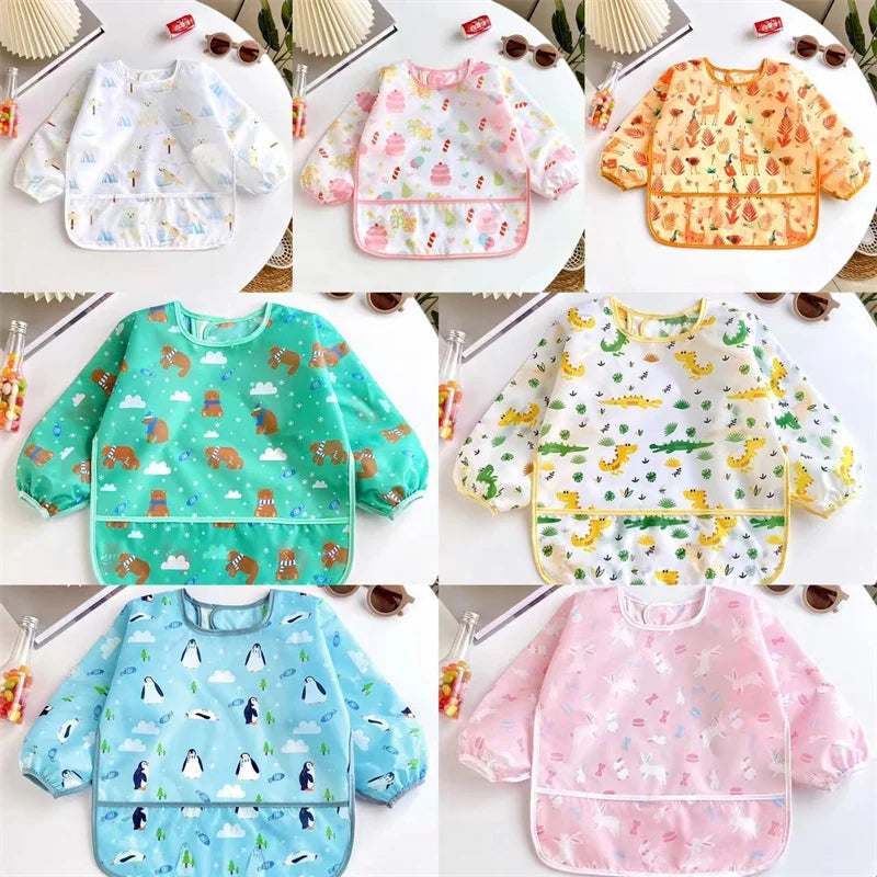 Baby's Soft Bib Kid Cute Cartoon Long Sleeves Adjustable Feeding Cloth For Boys Girls Painting Smock Toddlers Meal Eating Apron