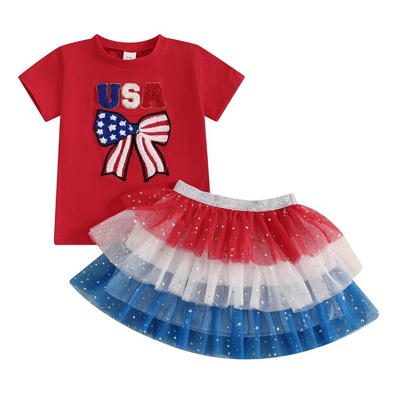 2025-03-08 Lioraitiin Toddler Girl 4th of July Outfit Letter Bow Embroidery O-Neck Short Sleeve Romper and Mesh Skirt 2Pcs Set