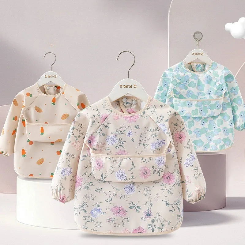 1PC Child Feeding Bib Waterproof Long Sleeve Apron Rice Pocket Feeding Blouse Toddler Bibs Children's Summer Thin Feeding Smock