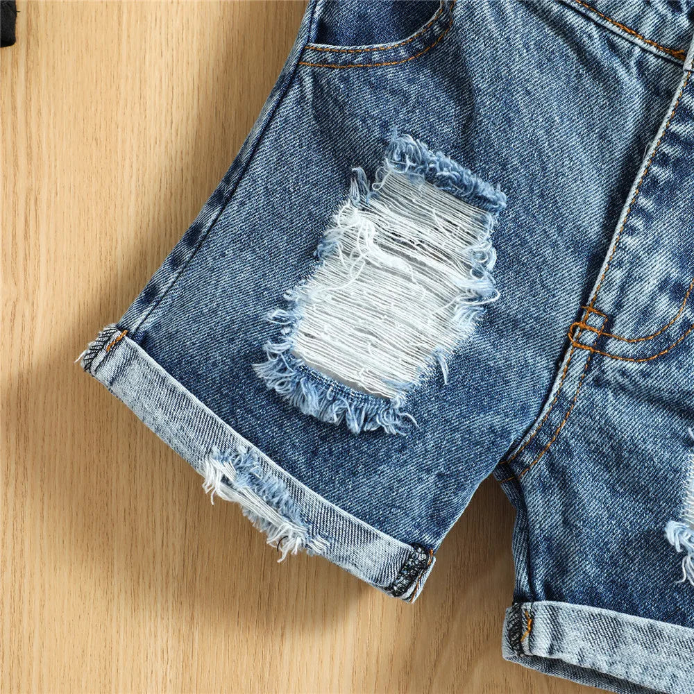 Infant Baby Toddler Boys Summer Outfit Set Round Neck Sleeveless Letter Print Tank Tops with Ripped Denim Shorts 3M-3T