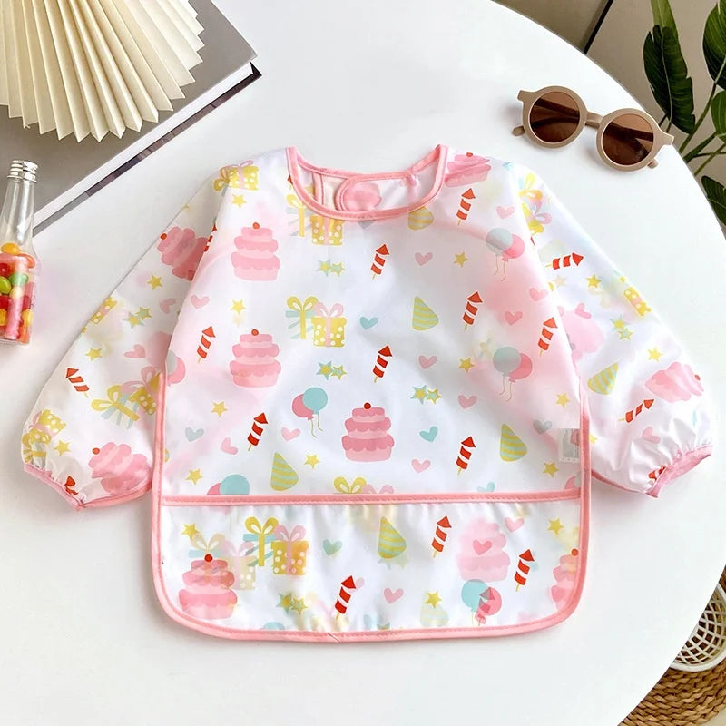 Baby's Soft Bib Kid Cute Cartoon Long Sleeves Adjustable Feeding Cloth For Boys Girls Painting Smock Toddlers Meal Eating Apron