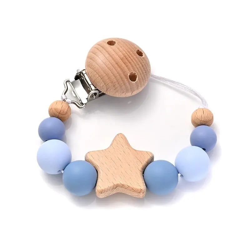 New Baby Pacifier Chain Clips Wood Pentagram Teether Silicone Round Beads Teething Chain For Care Soother Chew Toys Shower Gift