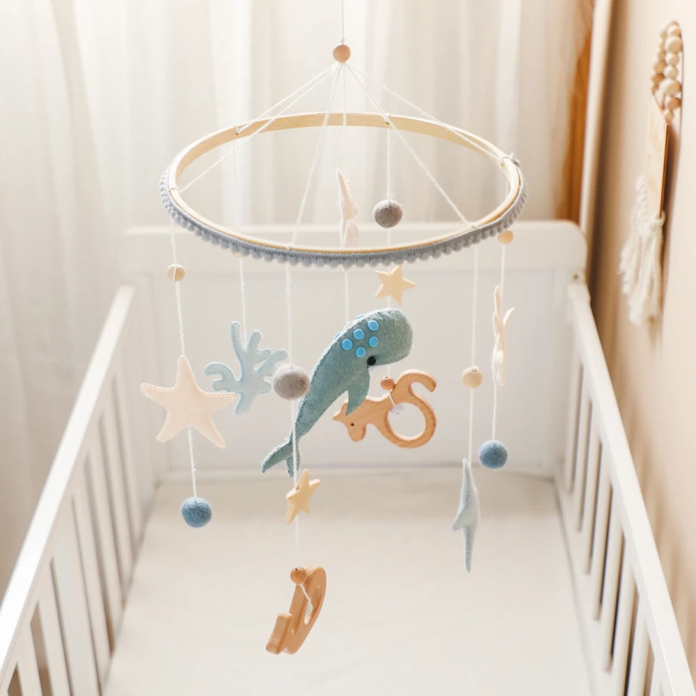 Blue Whale Baby Crib Mobile Newborn First Toy Non Woven Fabric Bamboo Ring Shape Cognition Auditory Development Nursery Decor