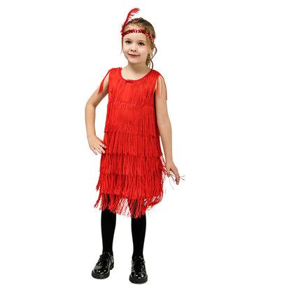 Short Sleeve Dress Girl Girls Flapper Dress Sequins Fringe Latin Dance Dress Tassel Tango Dress Tight Dress for Kids Girl