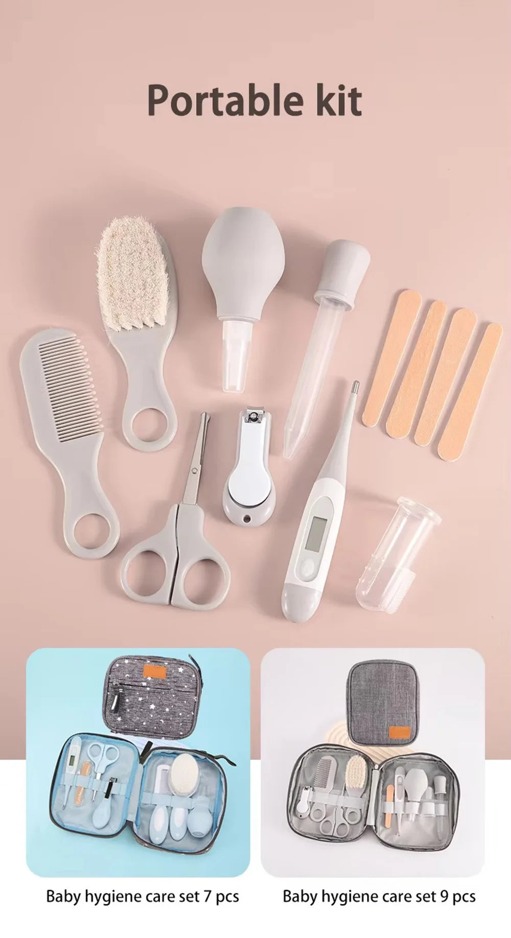 Baby Grooming Kit 9PCS Newborn Care Set with Nail Clipper Hair Brush Comb Thermometer Baby Hygiene Essentials Travel Kit