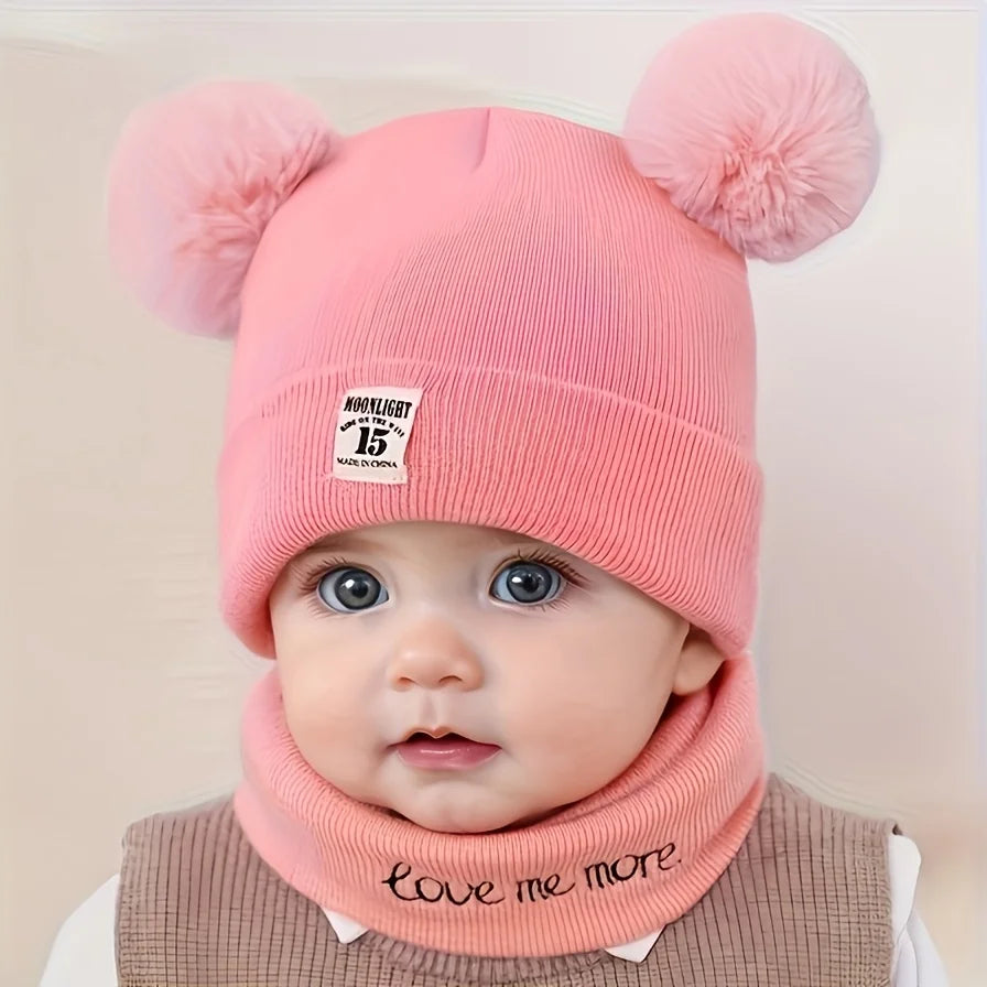 2pcs Winter Baby Hat Scarf Set Toddler Girl Boy Cap Knitted Beanie Fur Ball Cartoon Bear Snow Outfit Infant Accessories