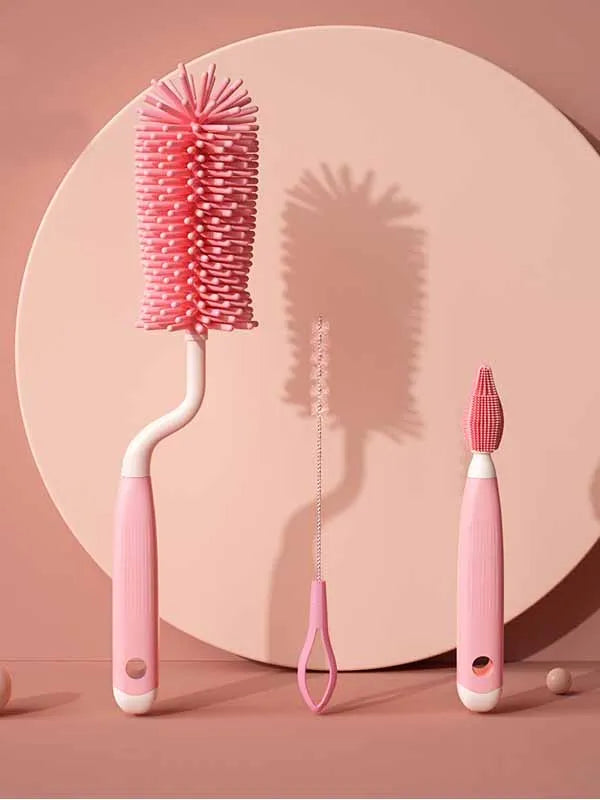 Baby Bottle Cleaning Brush Set Three Pieces Silicone Brush for Infant Feeding Tools Nursery Essential for Latch And Nipple
