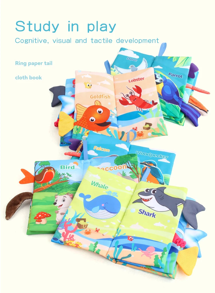 Baby 8 Page Tail Cloth Book Cartoon Animals Touch And Feel Infant Soft Books Development Interactive Early Education Toys