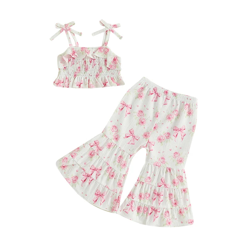 Lioraitiin Toddler Baby Girl Summer Outfit Sunflower/Cherry Print Ruffled Trim Spaghetti Straps Tops and Bell Bottoms 2Pcs Set