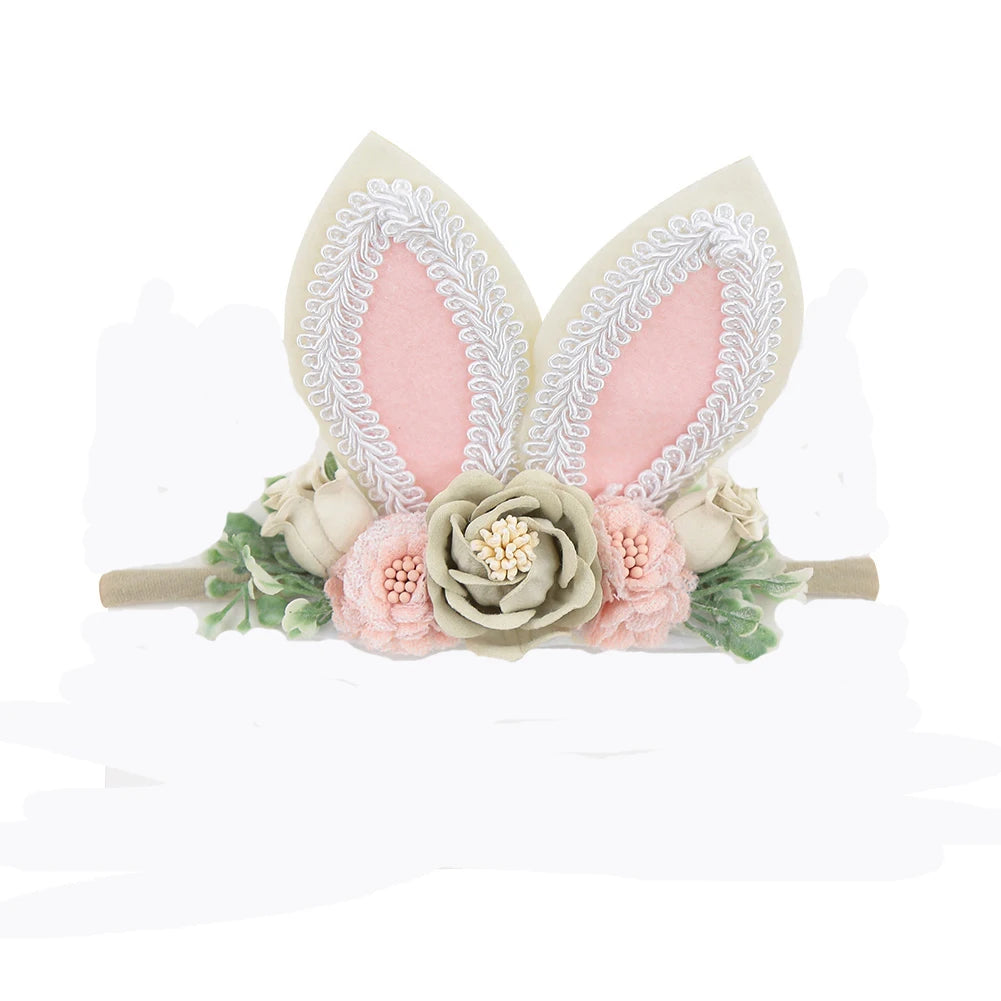 Easter Day Baby Headband Rabbit Ear Newborn Photography Props Boy Girl Nylon Hair Bands Artificial Flower Festival Headwrap