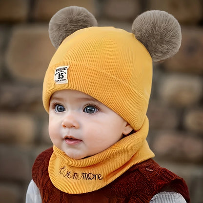 2pcs Winter Baby Hat Scarf Set Toddler Girl Boy Cap Knitted Beanie Fur Ball Cartoon Bear Snow Outfit Infant Accessories