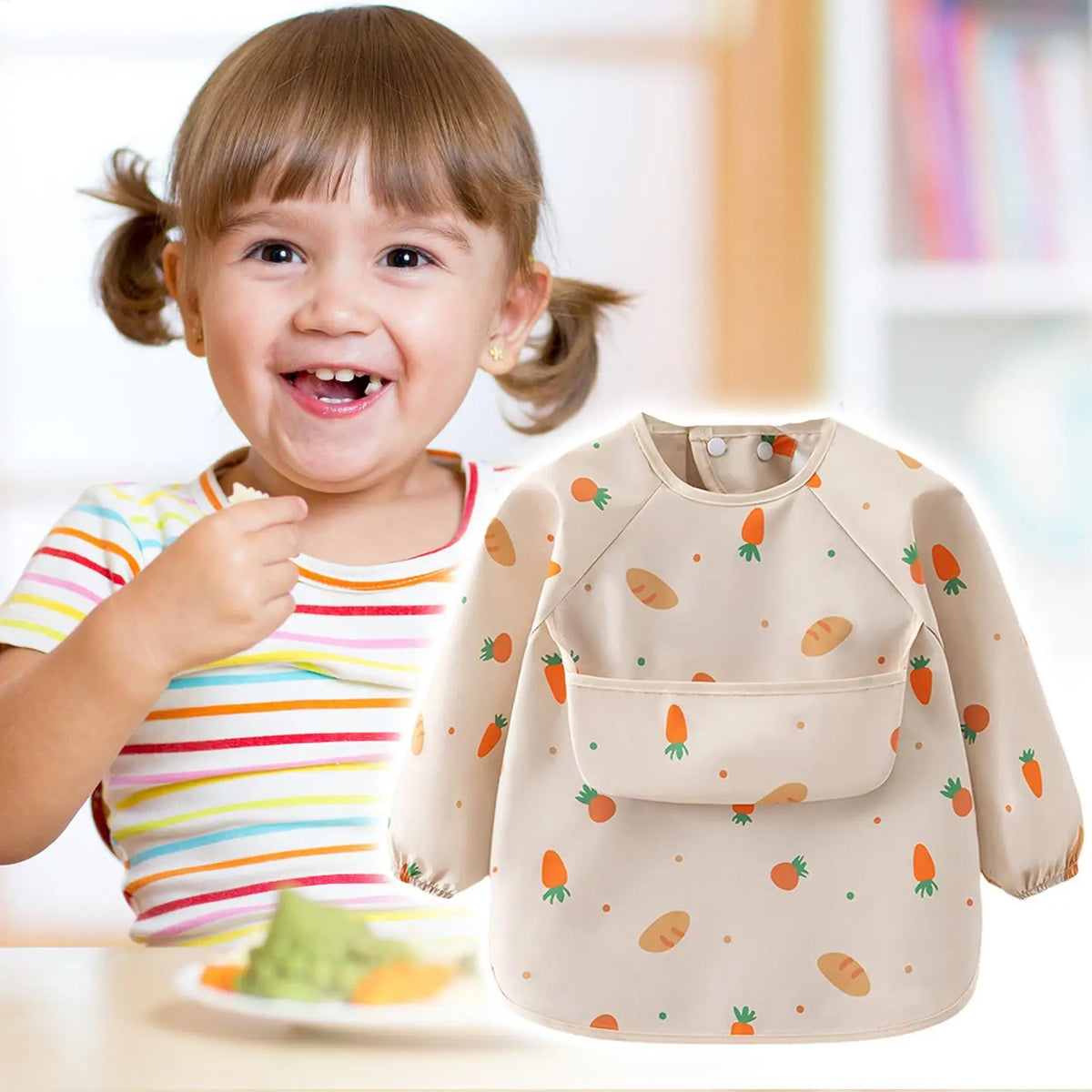 Baby Smock Bib Soft Full Sleeve Adjustable Weaning Smock Full Sleeve Toddler Eating Shirt Bibs for 6-36 Months Kids Girls Boys