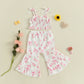Lioraitiin Toddler Baby Girl Summer Outfit Sunflower/Cherry Print Ruffled Trim Spaghetti Straps Tops and Bell Bottoms 2Pcs Set