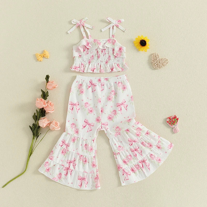Lioraitiin Toddler Baby Girl Summer Outfit Sunflower/Cherry Print Ruffled Trim Spaghetti Straps Tops and Bell Bottoms 2Pcs Set