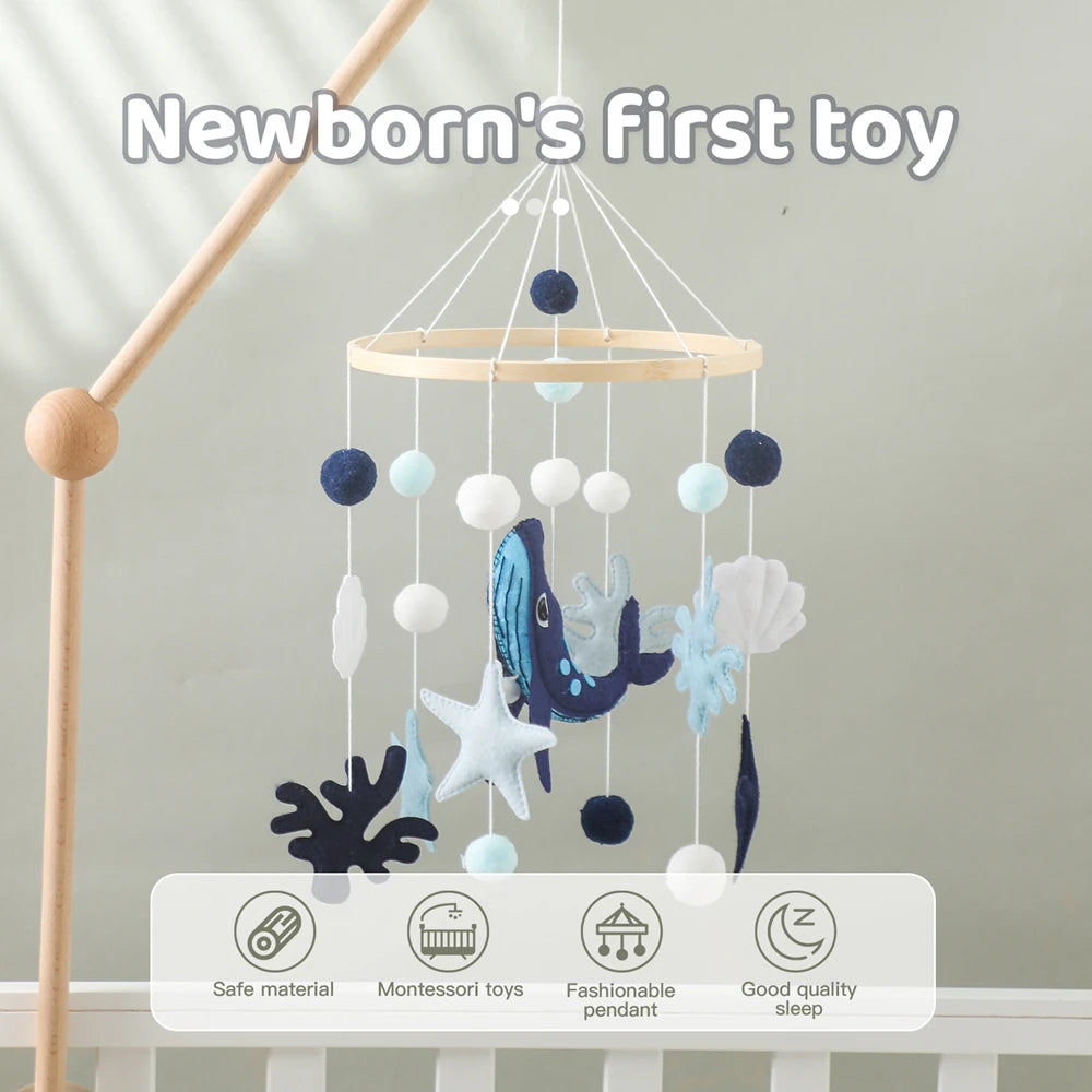 Blue Whale Baby Crib Mobile Newborn First Toy Non Woven Fabric Bamboo Ring Shape Cognition Auditory Development Nursery Decor