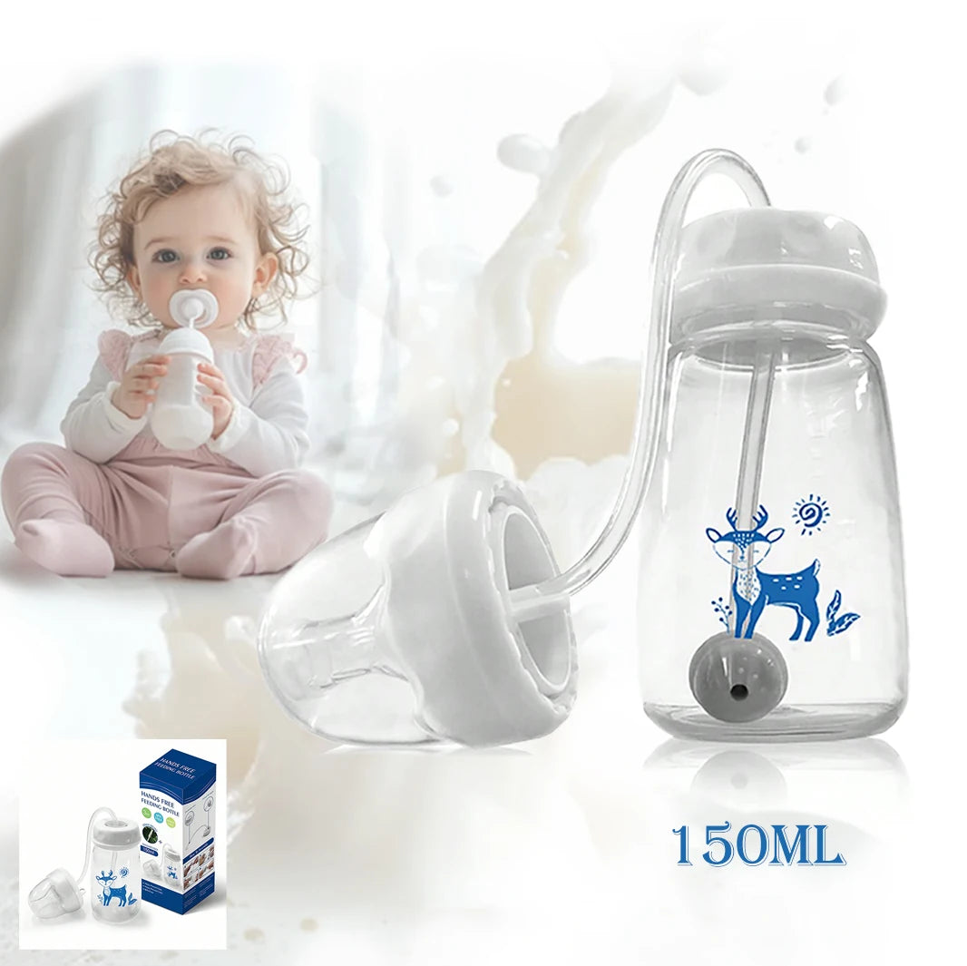 1pc 5oz/150ml Hands-Free PP Feeding Bottle with Straw Brush, Self-Feeding Normal-Neck Baby Bottle Set.