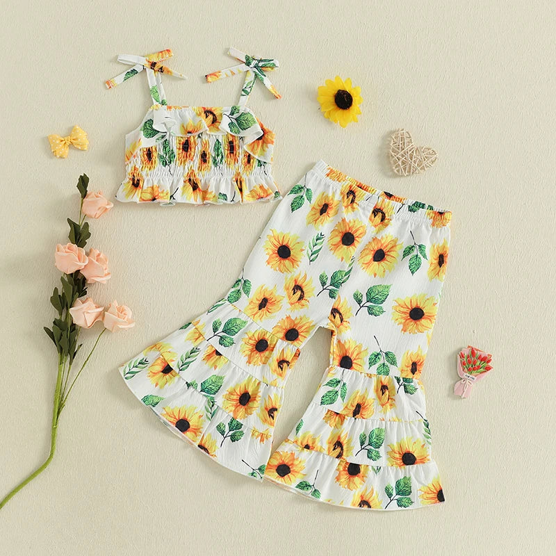 Lioraitiin Toddler Baby Girl Summer Outfit Sunflower/Cherry Print Ruffled Trim Spaghetti Straps Tops and Bell Bottoms 2Pcs Set