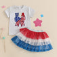 2025-03-08 Lioraitiin Toddler Girl 4th of July Outfit Letter Bow Embroidery O-Neck Short Sleeve Romper and Mesh Skirt 2Pcs Set