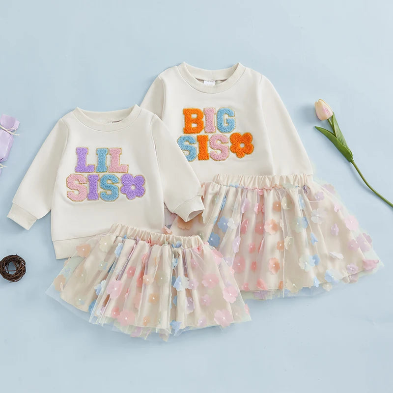 2024-07-27 Kids Girls Skirt Set Long Sleeve Embroidery Letters Sweatshirt with Flower Tulle Skirt 2-piece Outfit